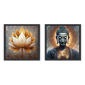 Set 2 Cuadros Buda Flor De Loto Feng Shui Zen Casa - 33x33cm Buda Yoga Negro