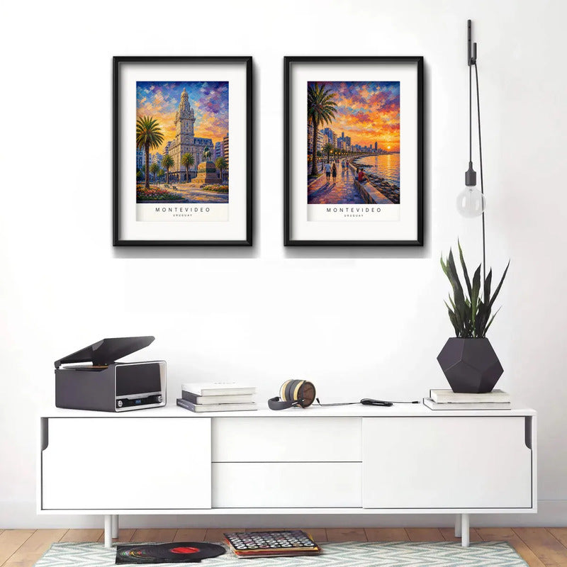 Set 2 Cuadros Montevideo Uruguay Paisajes Arte Con Paspartu 53x33cm Cada Cuadro Negro