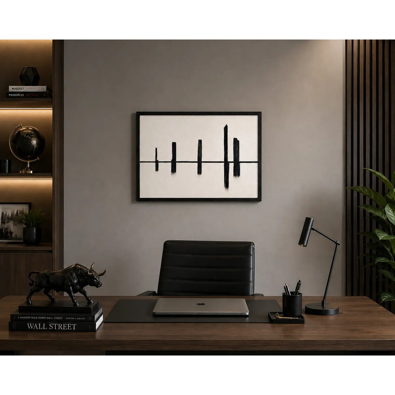 Cuadro Living Dormitorio Abstracto Minimalista Trazos Negros Marco Negro