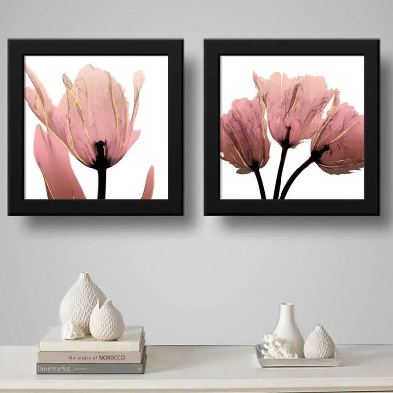 Set 2 Cuadros Flores Minimalista Rosé Gold Hojas 33x33cm Marco Negro
