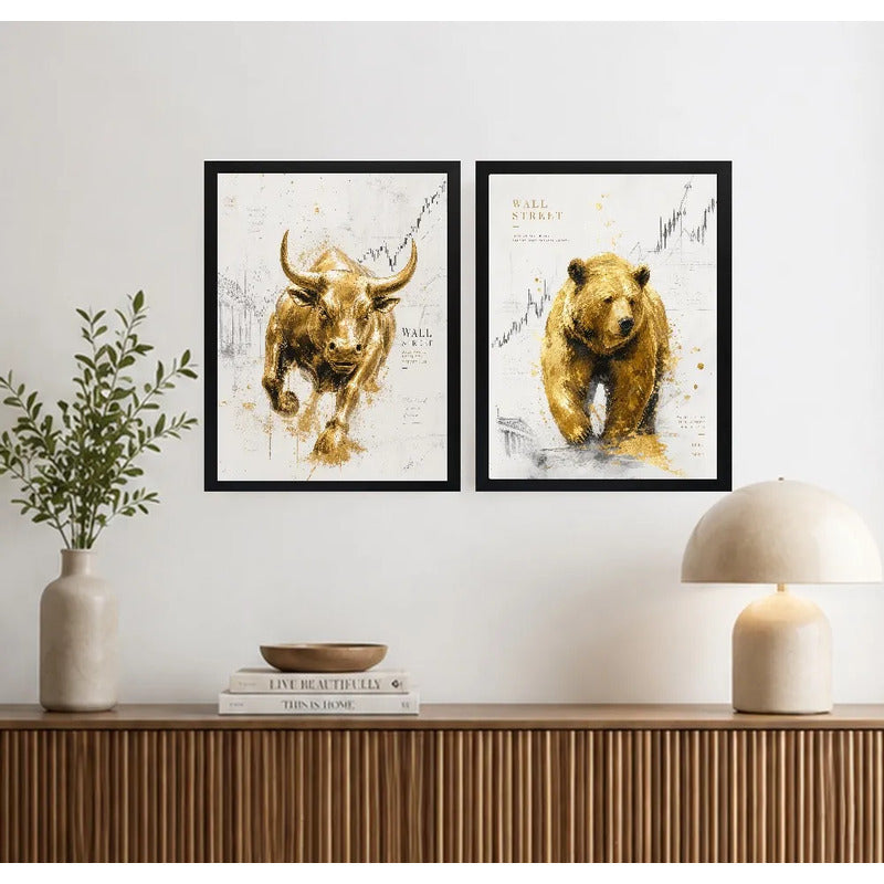 Set 2 Cuadros Toro Y Oso De Wall Street Dorado Arte Oficina Marco Negro