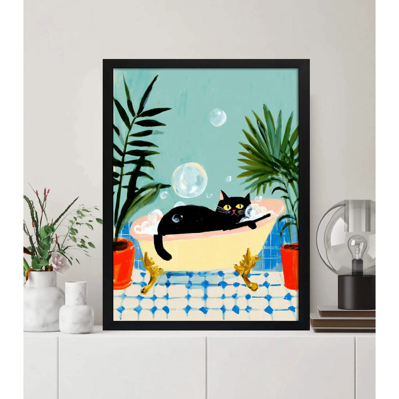 Cuadro Bano Gato Negro Banera Spa Botanico Plantas Arte Marco Negro