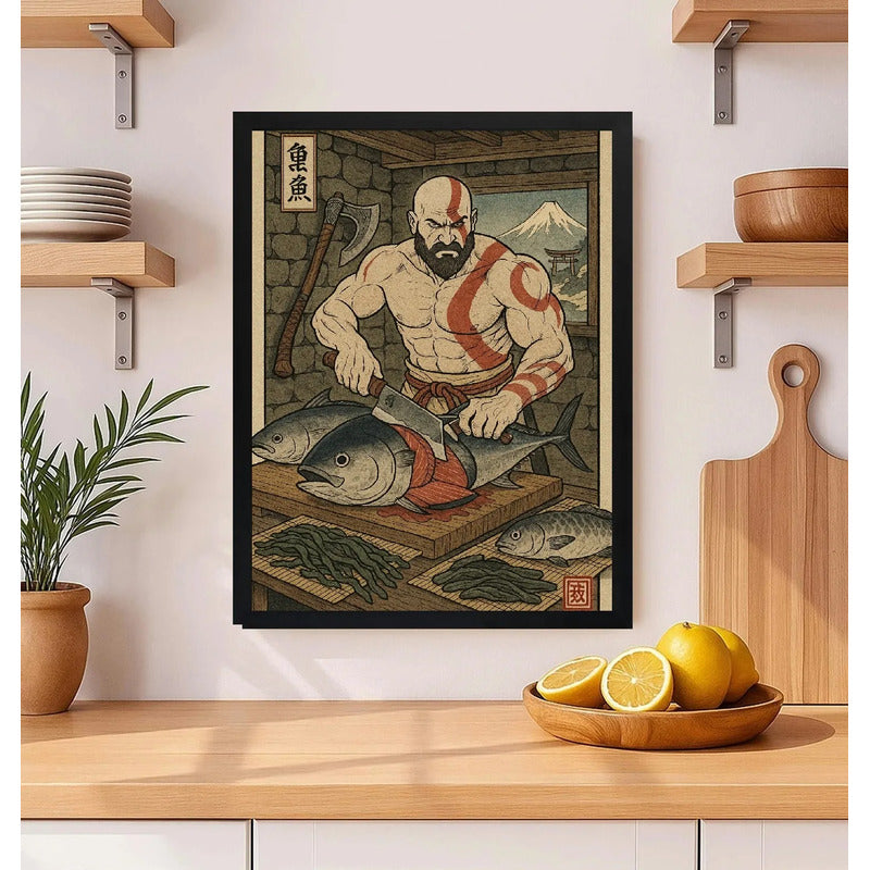 Cuadro Kratos Chef Sushi Cocina Japón Fuji Game God Of War Marco Negro