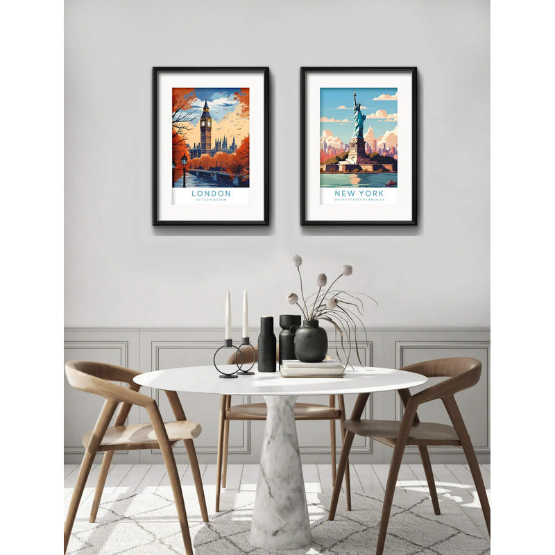 Set 2 Cuadros Londres New York Colores 53x43cm Con Paspartú Marco Negro