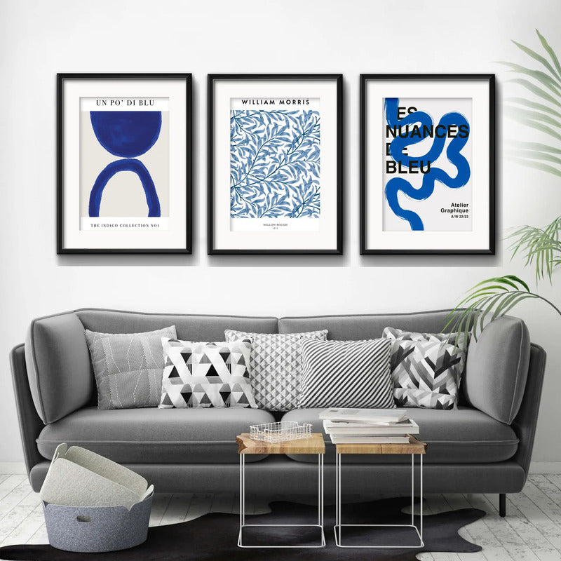 Set 3 Cuadros Living Abstracto B1 Azul 53x43cm Con Paspartu Marco Negro