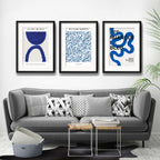 Set 3 Cuadros Living Abstracto B1 Azul 53x43cm Con Paspartu Marco Negro