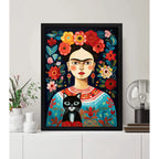 Cuadro Living Floral Frida Kahlo Gato Negro Flores Arte Marco Negro