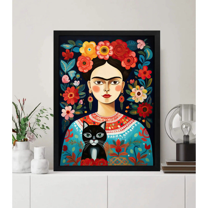Cuadro Living Floral Frida Kahlo Gato Negro Flores Arte Marco Negro