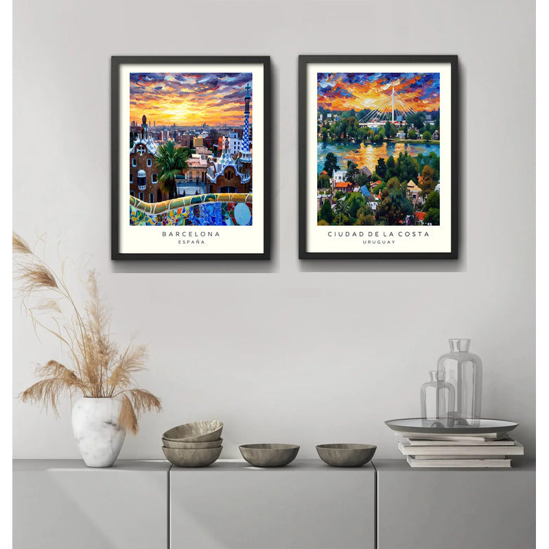 Set 2 Cuadros Barcelona Espana Ciudad De La Costa Uruguay Marco Negro