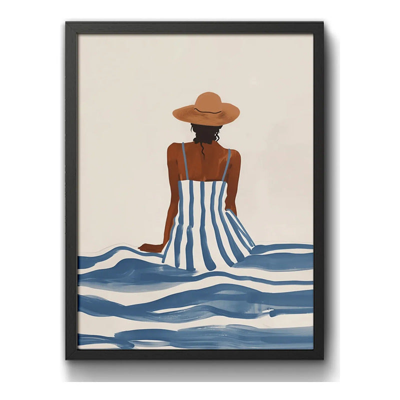 Cuadro Dormitorio Living Mujer Elegante Mar Playa Azul Beige Marco Negro