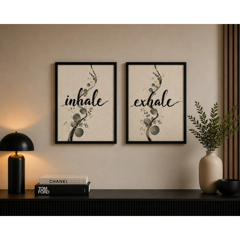 Set 2 Cuadros Inhale Exhale Motivacional Botanico Eucalipto Marco Negro