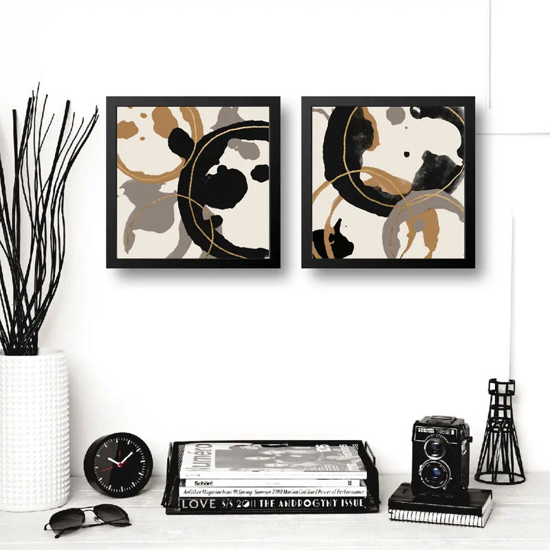 Set 2 Cuadros Living Cocina Café Arte Abstracto Tonos Pastel Marco Negro