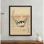 Cuadro Gato Zen Playa Sol Japón Flor Cerezo Mar Tonos Beige Marco Negro