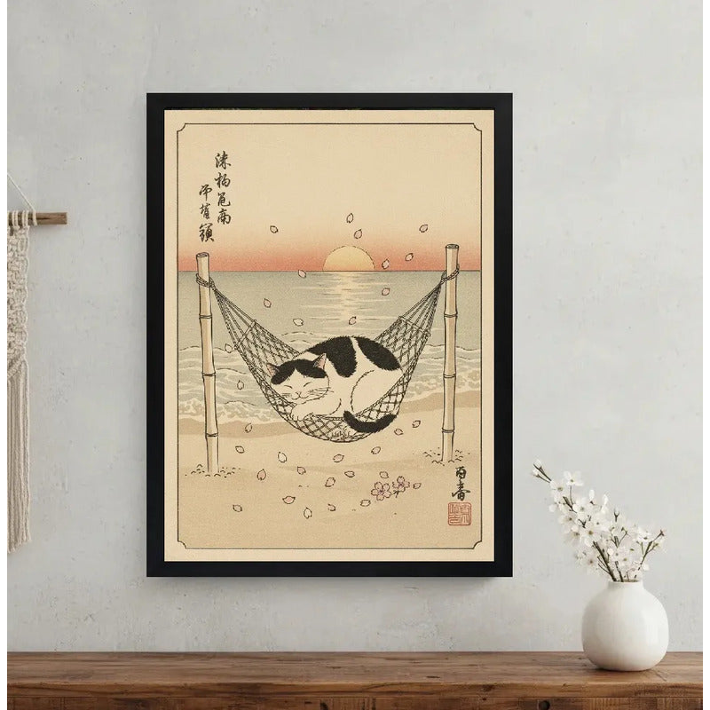 Cuadro Gato Zen Playa Sol Japón Flor Cerezo Mar Tonos Beige Marco Negro