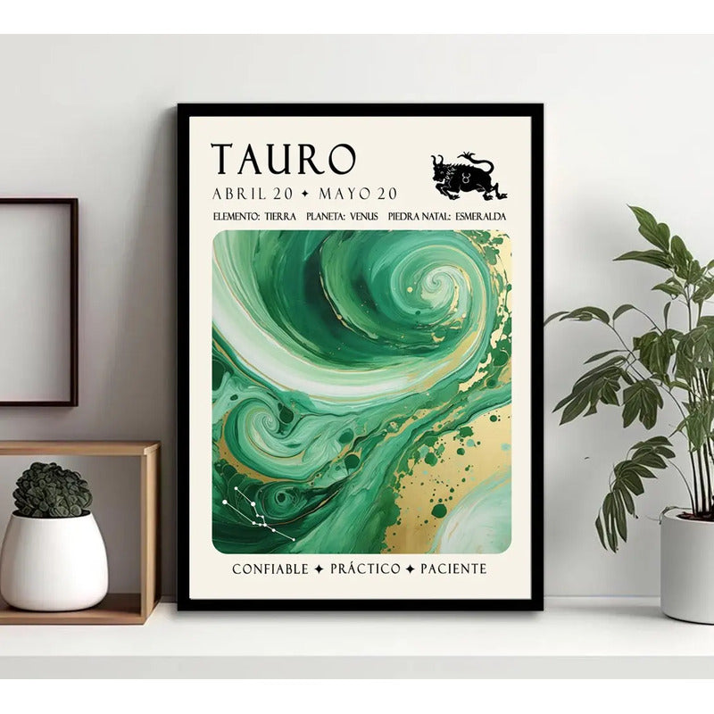 Cuadro Tauro Signo Astrologia Horoscopo Piedra Esmeralda Marco Negro