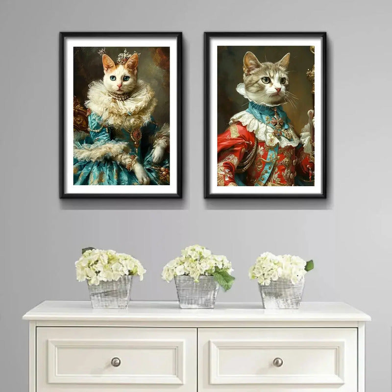 Set 2 Cuadros Gatos Pareja Rey Reina Pet Gatito Mascota Arte Marco Negro