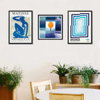 Set 3 Cuadros Para Living Cocina Estudio Tonos Azul Indigo Paul Klee Matisse Bauhaus Con Marco Negro