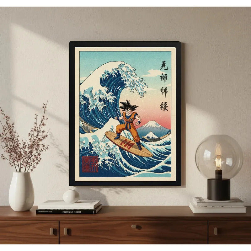 Cuadro Goku Surfe Ola Kanagawa Japón Playa Anime Dragon Ball Marco Negro