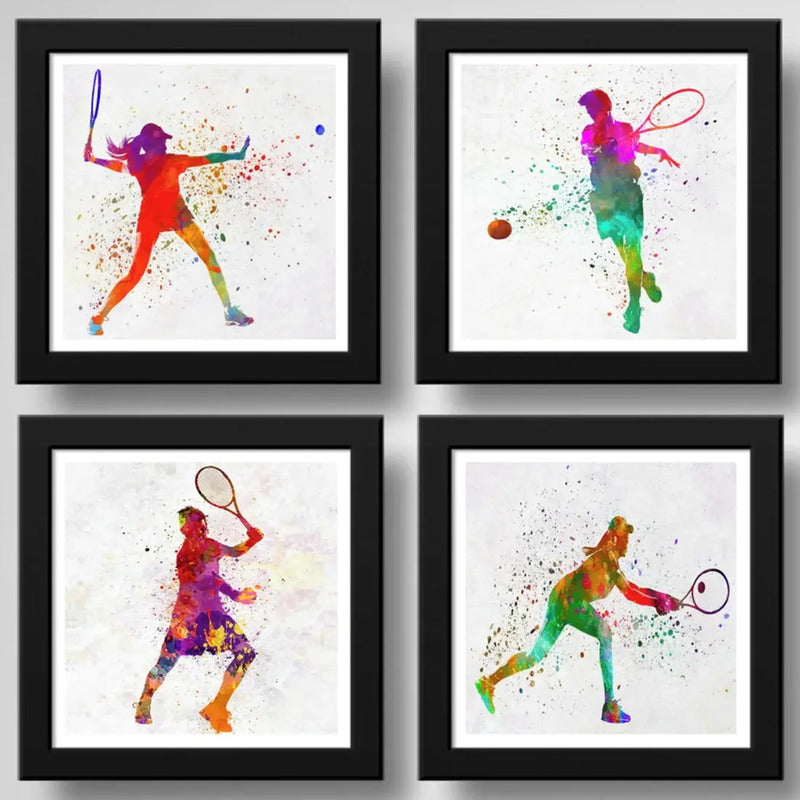 Set 4 Cuadros Tenis Pop Art Tenista Raqueta Club Deporte