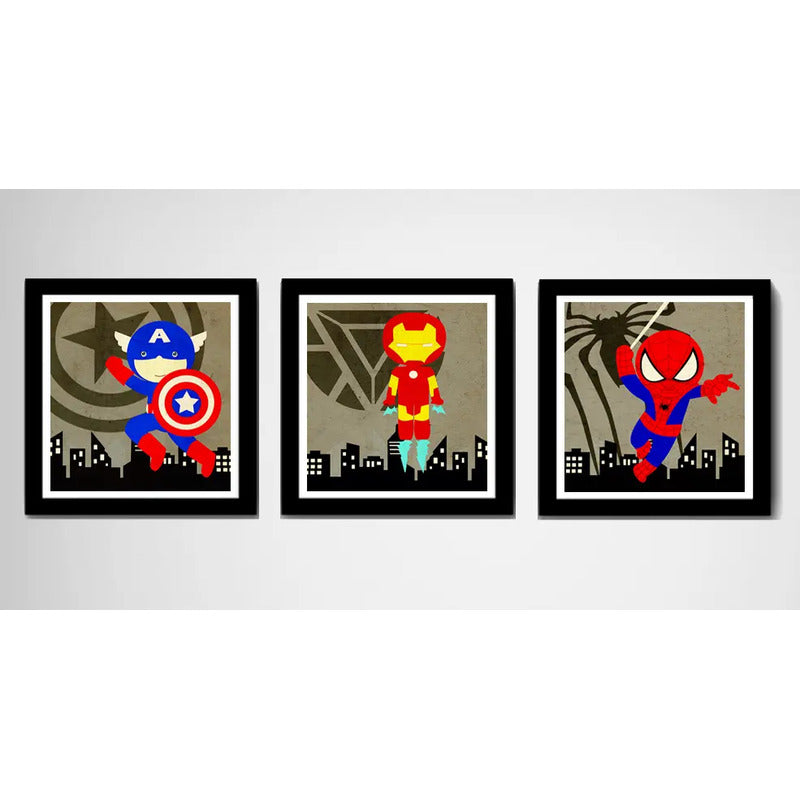 Set 3 Cuadros Heroes Kids Capitan America Iron Man Spiderman