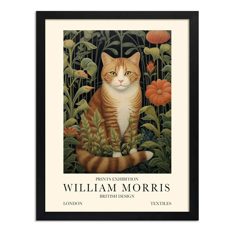 Cuadro Gato Flores William Morris Art & Craft 3 Exposición Marco Negro