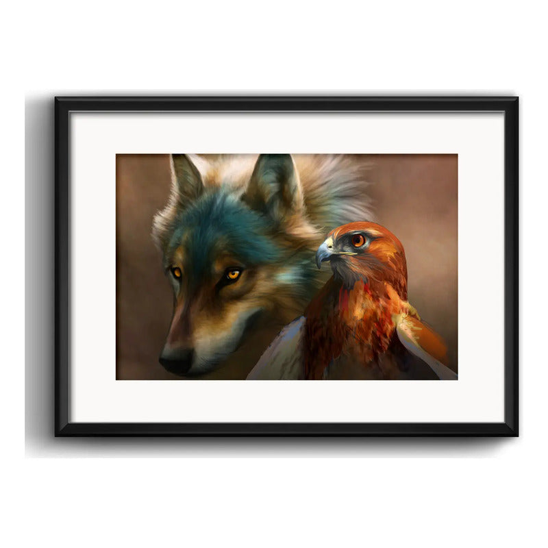 Cuadro Águila Lobo Focus Ojos Vision Decoracion Con Paspartú Marco Negro