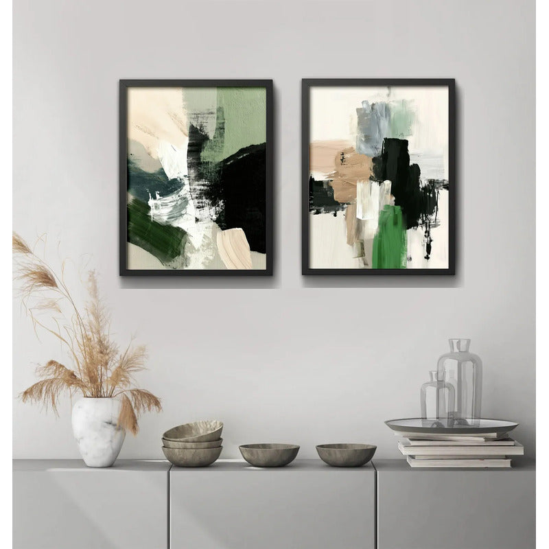 Set 2 Cuadros Dormitorio Living Abstracto Mossy Calm 2 Verde Marco Negro
