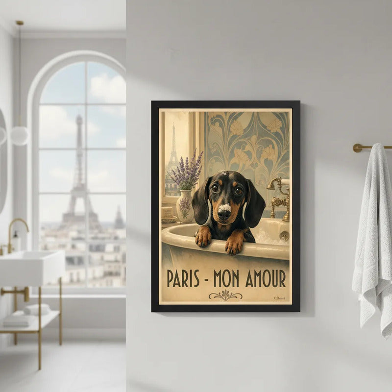 Cuadro Baño Paris Mon Amour Perro Salchicha Dachshund Banera Marco Negro