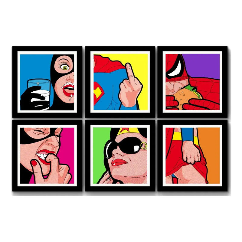 Set 6 Cuadros Heroe Pop Art Lifestyle Comics Superman Batman Marco Negro