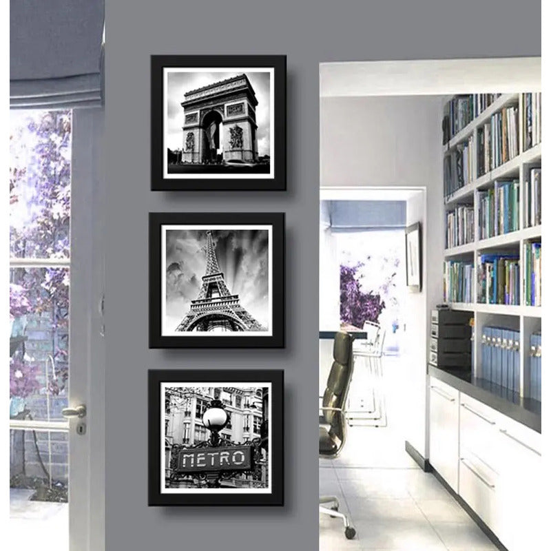 Set 3 Cuadros Paris Blanco Y Negro Torre Eiffel - 33x33cm 33x33cm Negro
