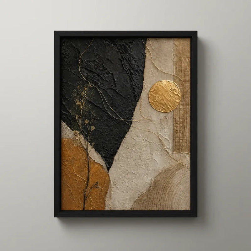 Cuadro Dormitorio Living Boho Abstracto Texturas Oro Brs1 Marco Negro