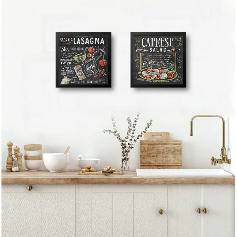 Set 2 Cuadros Lasaña Clásica Ensalada Caprese Recetas Cocina Marco Negro