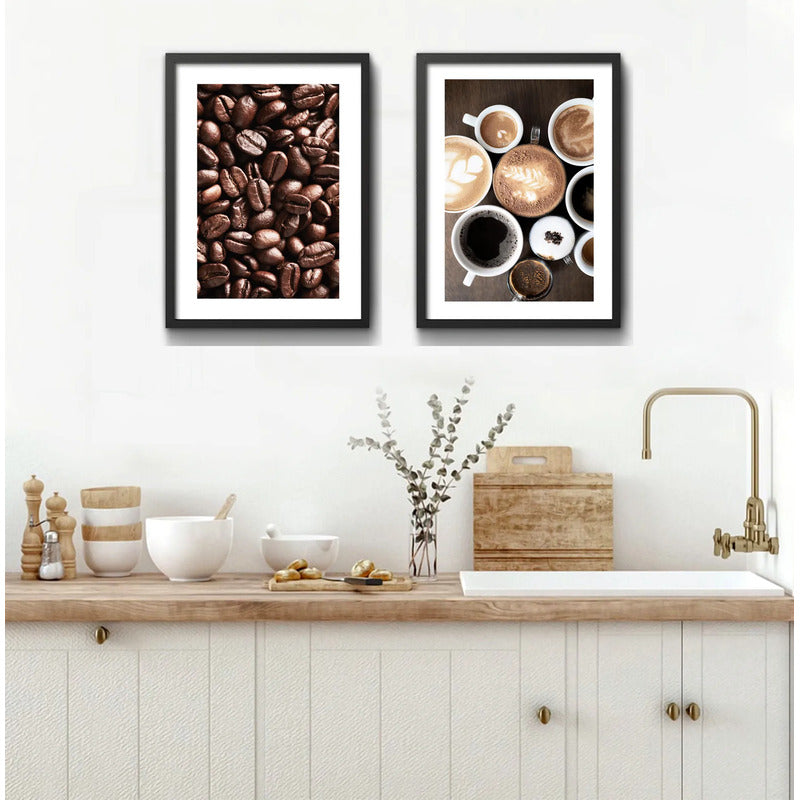 Set 2 Cuadros Café Tipos Grano Recetas Bebidas Coffee Cocina Marco Negro