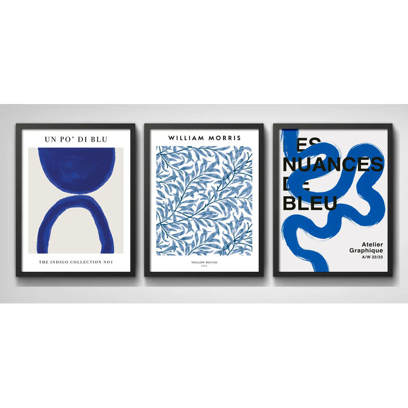 Set 3 Cuadros Dormitorio Living Indigo Abstract Tonos Azul Marco Negro