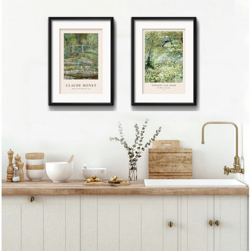Set 2 Cuadros Living Claude Monet Van Gogh Brs2 Con Paspartu Marco Negro