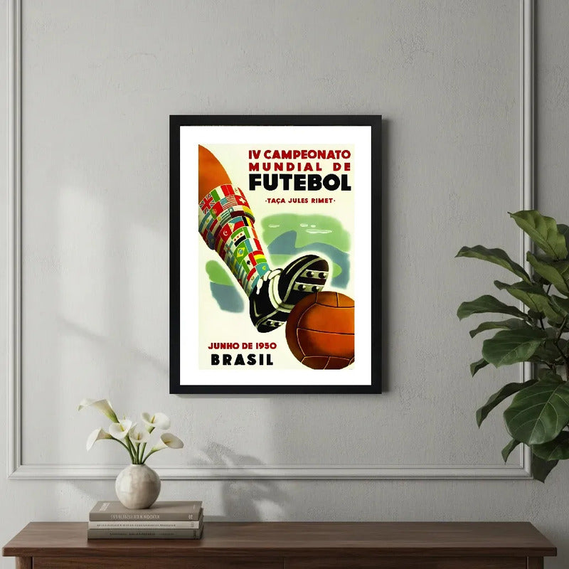 Cuadro Copa Del Mundo Futbol 1950 Brasil Campeonato Retro Marco Negro