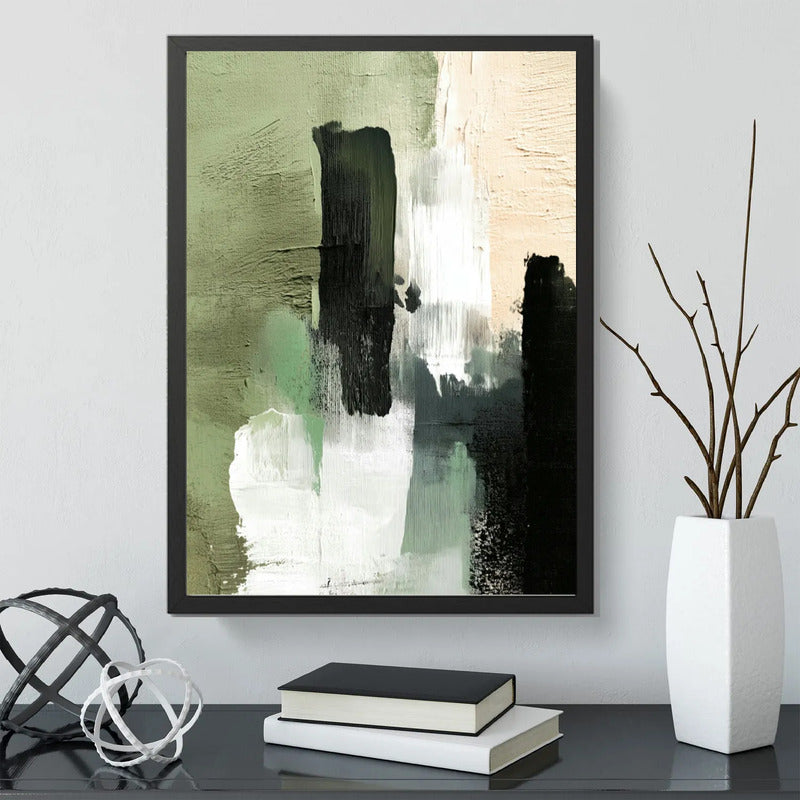 Cuadro Dormitorio Living Boho Abstracto Niebla Verde Marco Negro
