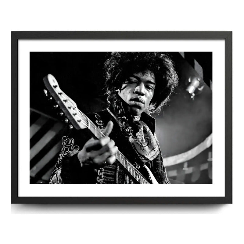 Cuadro Jimi Hendrix Blanco Y Negro Psicodélico Rock Guitarra Marco Negro