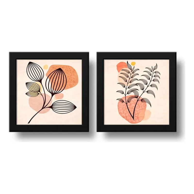 Set 2 Cuadros Boho Chic Hojas Flor Arte Decoracion - 33x33cm Marco Negro