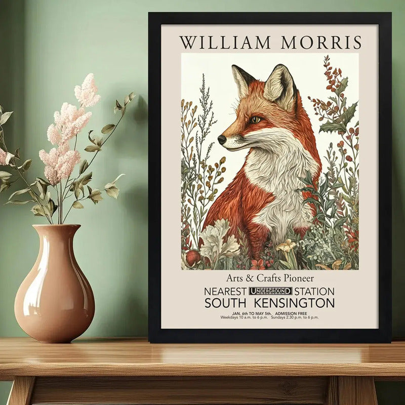 Cuadro Zorro William Morris Botanico Flores Hojas Exposición Marco Negro