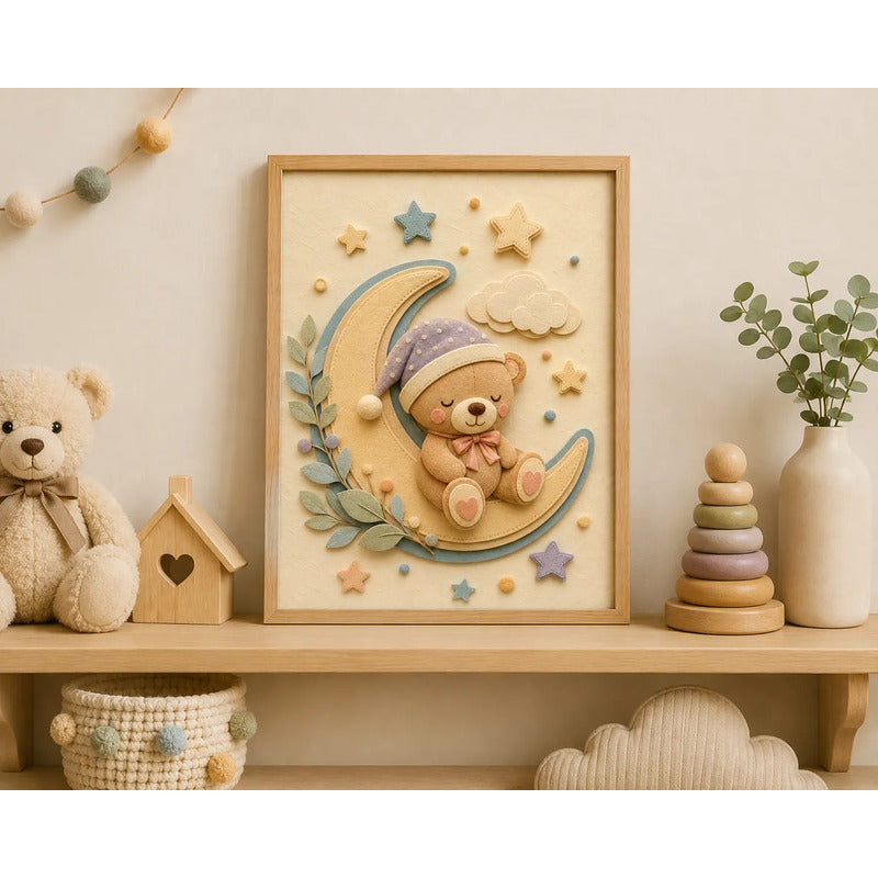 Cuadro Dormitorio Infantil Bebe Oso Luna Estrellas Efecto 3d Marco Madera Oak Madera Clara