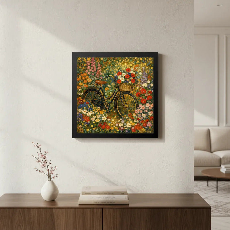 Cuadro Bicicleta Gustav Klimt Flores Jardin Campestr 33x33cm Marco Negro