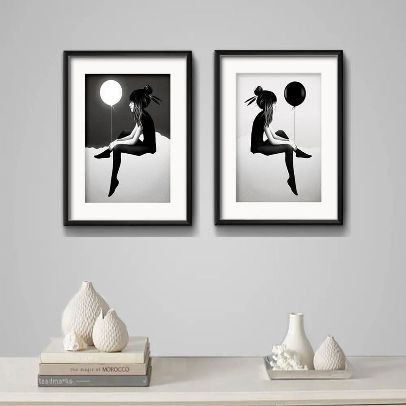 Set 2 Cuadros Chica Con Globo Blanco Y Negro Arte Paspartú