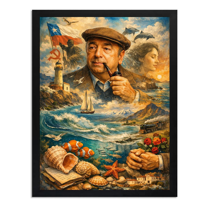 Cuadro Pablo Neruda Arte Retro Obras Escritor Poeta Chileno Marco Negro
