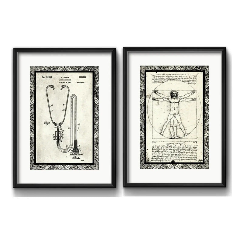 Set 2 Cuadros Medico Estetoscópio Hombre Vitruvio Paspartu