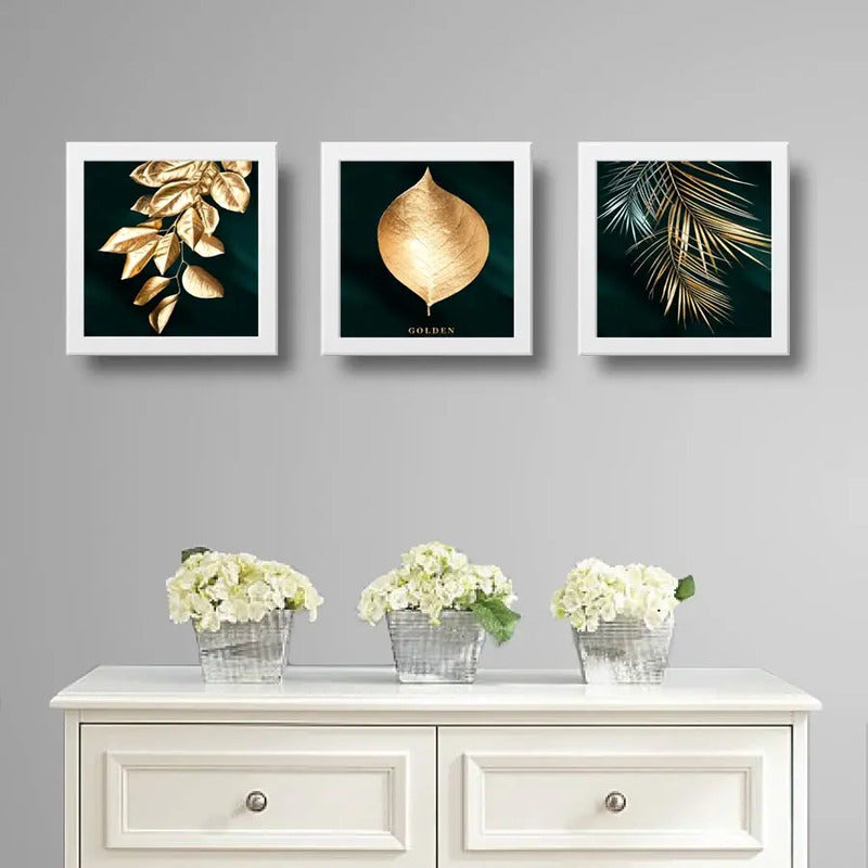 Set 3 Cuadros Hojas Doradas Oro Plantas Arte Decoracion Casa