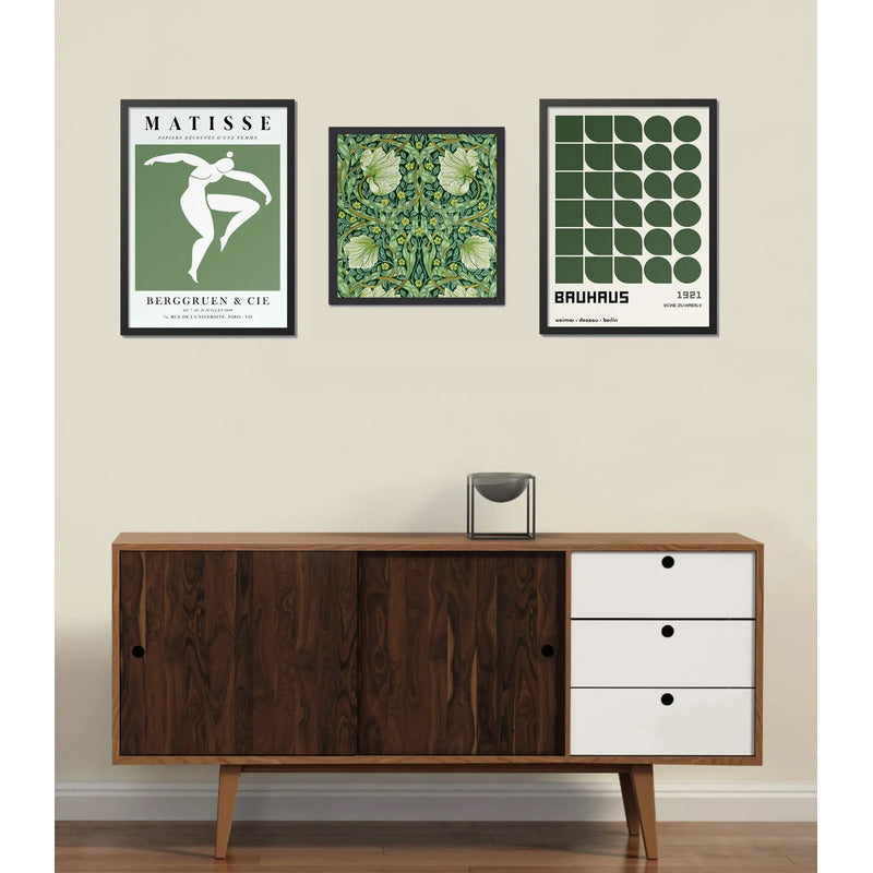Set 3 Cuadros Para Living Cocina Estudio Tonos Verde Green Matisse William Morris Bauhaus Con Marco Negro