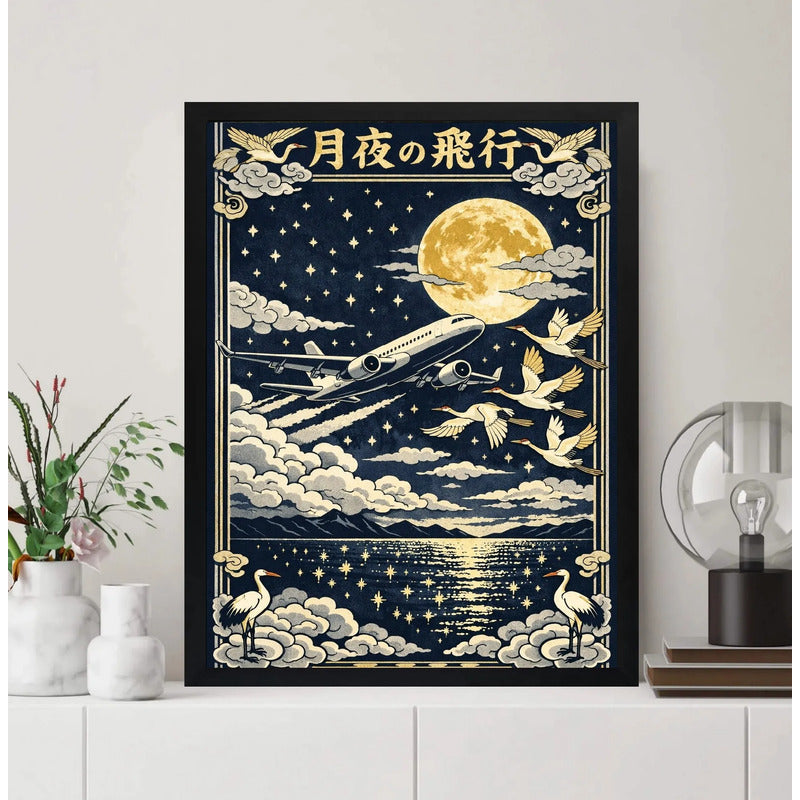 Cuadro Avion Vuelo Iluminado Por La Luna Grulla Nubes Japón Marco Negro