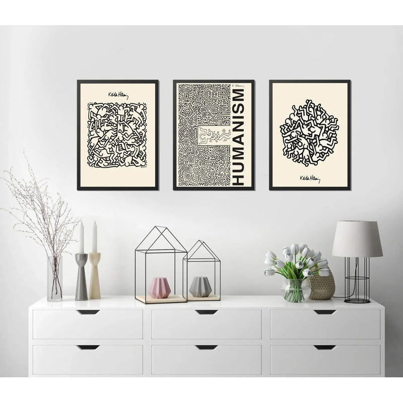 Set 3 Cuadros Keith Haring Humanism Obra Mural Street Art Marco Negro