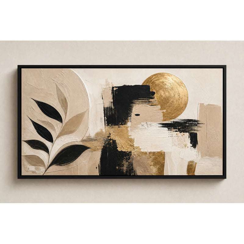 Cuadro Dormitorio Living Boho Abstracto Hojas Neutros Grande Marco Negro